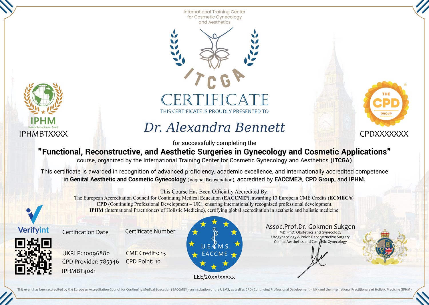Specimen of the official ITCGA Certificate of Completion